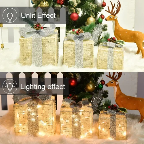 Vista 3 de COVFEVER Cajas de regalo iluminadas de Navidad, luces preiluminadas, cajas de regalo de tela de lino dorado, juego de cajas de regalo iluminadas a