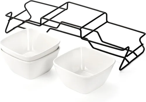 Vista 3 de ZENFUN Juego de Servir Tazón Cuadrado de 10 oz para Chips y Dip, Tazones Ramekin de Porcelana con Soporte de Rejilla de Metal, Platos Pequeños