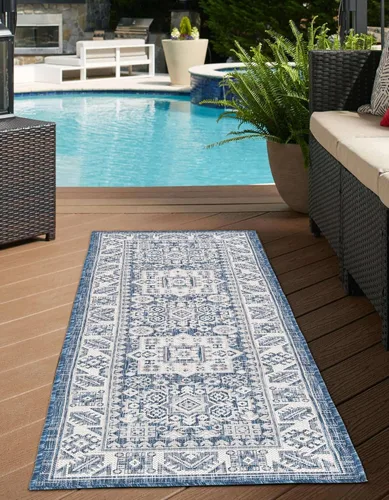 Vista 44 de Unique Loom Outdoor Aztec Collection Alfombra de área, Chalca (7 pies 10 pulgadas, cuadrada, azul/marfil)