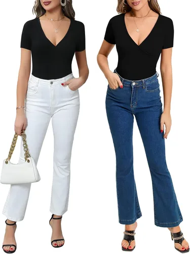 Vista 4 de MANGOPOP Body de manga corta para mujer, con cuello en V profundo, cuello en V profundo