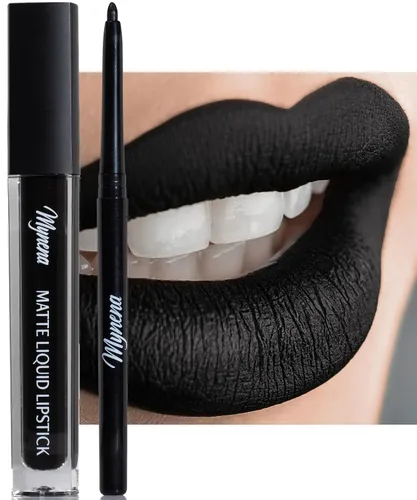 Mynena Juego de lápiz labial líquido negro mate y delineador – Cobertura completa impermeable de larga duración | A prueba de manchas vegano sin