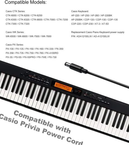 Vista 3 de Adaptador de corriente alterna Casio Privia de 12V 2A para cable de alimentación Casio Privia, compatible con teclado de piano digital Casio