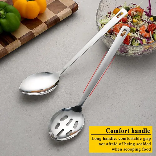 Vista 4 de Kyraton Juego de cucharas de cocina de acero inoxidable, cuchara sólida, cuchara ranurada, mango resistente al calor, apto para lavavajillas, fácil