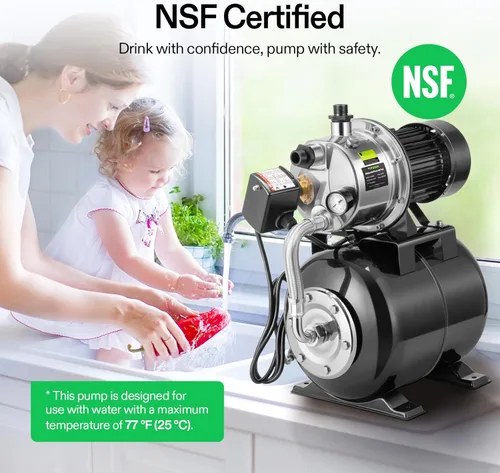 Vista 2 de VIVOSUN Bomba de pozo poco profundo de 1.6 HP con tanque de presión, certificado NSF, 1320 GPH, acero inoxidable, bomba de chorro de agua automática