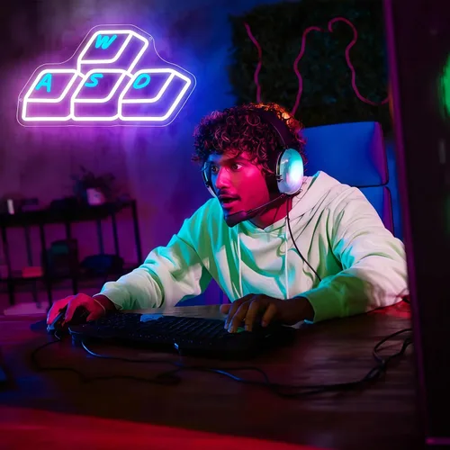 Vista 6 de Decoración de pared para juegos, letrero de neón con teclado para decoración de pared, accesorios de juego, letrero LED regulable con alimentación