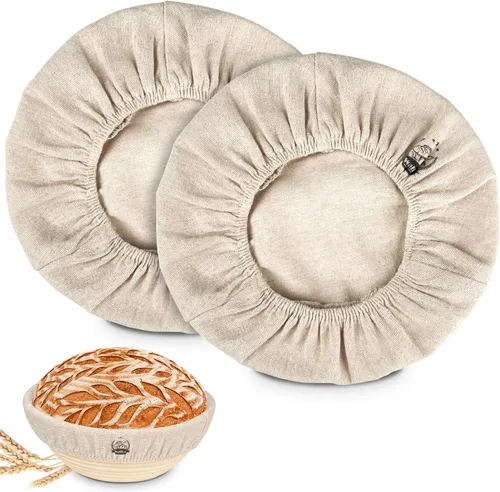 WALFOS Forro de cesta de pan de tela, juego de 2 forros de tela para cesta de pan de 9 pulgadas redonda, cubierta de cesta de masa de ratán natural