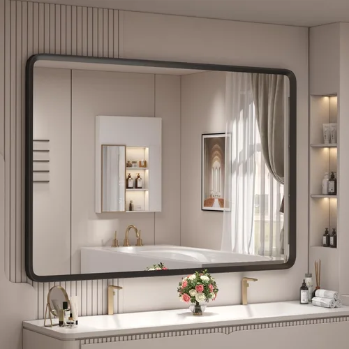 Vista 18 de Espejo de baño plateado de 30 x 36 pulgadas, marco de metal plateado cepillado, espejo rectangular redondeado para tocador de baño, inastillable