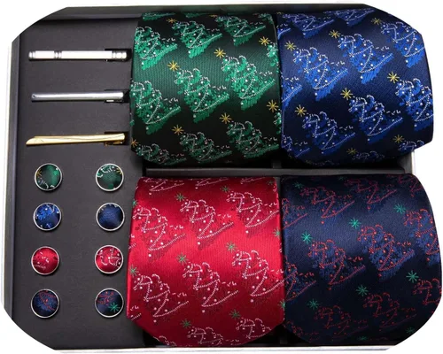 Barry.Wang Conjunto de corbata para hombre, corbata de Navidad, festival, árbol de Navidad, copos de nieve, pañuelo tejido de seda, gemelos para