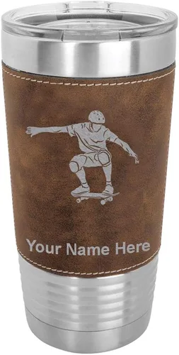Vista 11 de LaserGram 20oz Vacuum Insulated Tumbler Mug, Skateboarding, Personalized Engraving Included (Faux Leather, Gray)