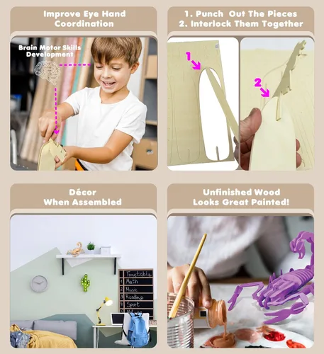 Vista 3 de Rompecabezas 3D desconcertado de madera de escorpión, kit de modelo de construcción de artesanías, divertido y educativo, juguete de madera