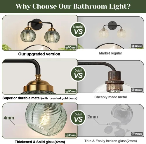 Vista 8 de MOKATNG Lámparas de baño, 2 luces de tocador de color verde claro con pantalla de vidrio con textura de hoja única, moderna lámpara de pared de baño