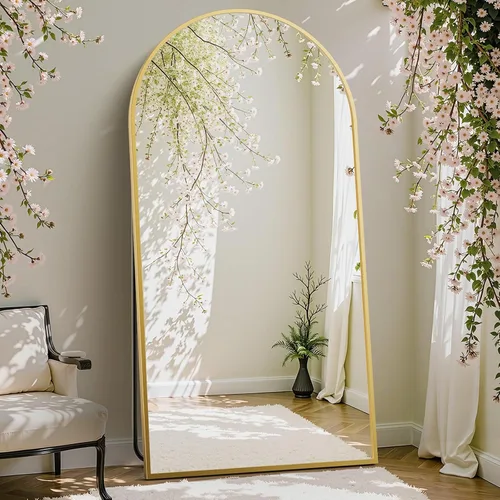 Vista 29 de DUMOS - Espejo de pie arqueado de cuerpo completo con soporte, marco de aluminio, para colgar o apoyar, nanocristal inastillable, para decorar