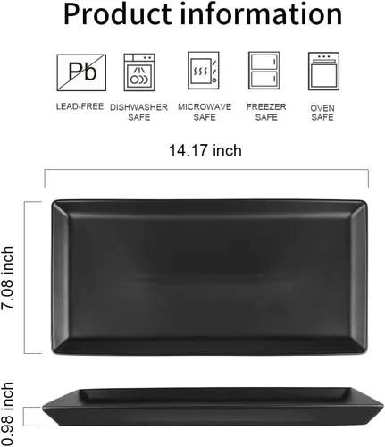 Vista 5 de KOOV Bandeja de cerámica para servir, plato grande de 14 pulgadas, rectangular, platos de porcelana, platos para cena, fiesta, sushi, postre, Negro