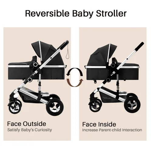 Vista 2 de Cochecito de bebé 2 en 1, cochecito convertible con asiento reversible, cochecito plegable para recién nacido, toldo ajustable, cesta