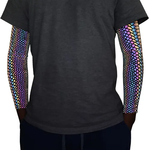 Akkad Kuti Mangas reflectantes de arco iris para hombre, mangas de compresión holográficas brillantes nocturnas casuales, Arco iris