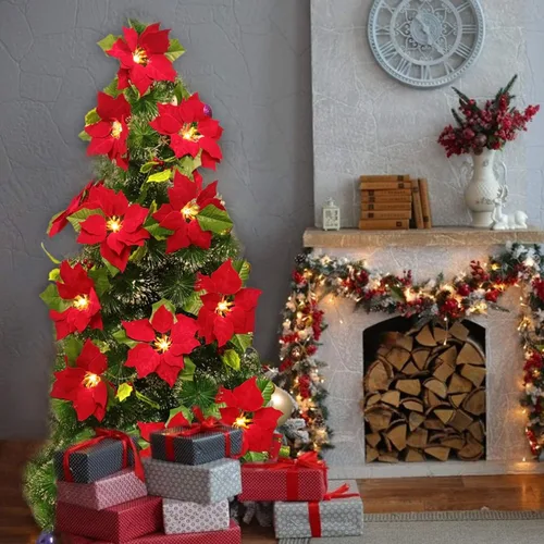 Vista 4 de Guirnalda de Pascua de Navidad con luz, guirnaldas artificiales iluminadas de 6.5 pies con flores rojas y bayas, funciona con pilas, luces de Pascua