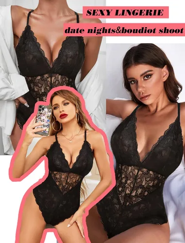 Vista 4 de Avidlove - Lencería sexy de encaje tipo body de una pieza con escote en V profundo