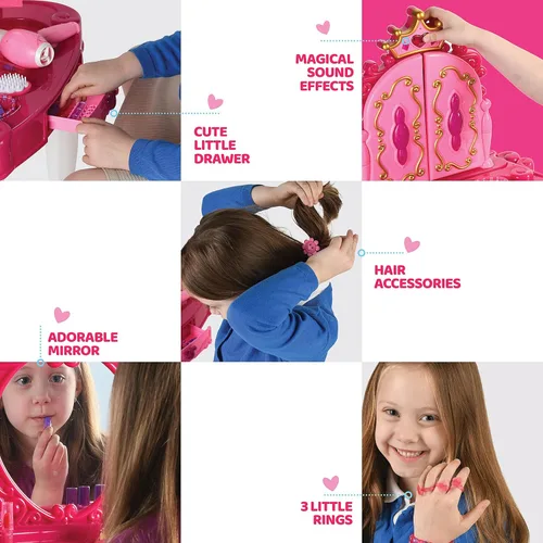 Vista 3 de Play22 Juego de tocador para niñas con espejo y taburete, 21 piezas, juego de mesa de maquillaje para niños con luces y sonidos, incluye accesorios