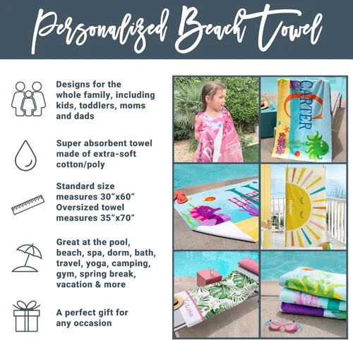 Vista 5 de Let's Make Memories Toalla de playa personalizada – Toalla de piscina única – Mezcla de algodón/poliéster – 30 pulgadas de ancho x 60 pulgadas