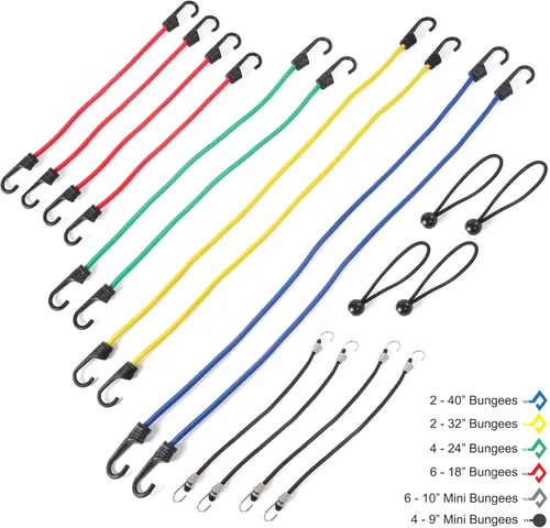 Vista 2 de Wellmax Juego de cuerdas elásticas de alta calidad con ganchos resistentes y accesorios adicionales, bolsa surtida de 32 piezas para carga