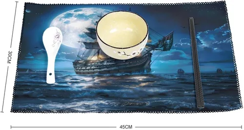 Vista 2 de Blue Boat On Seascape and Moon in The Sky Placemats Set of 6 Resistant Table Mats Washable Place Mats for Dinner Party Table Decoration