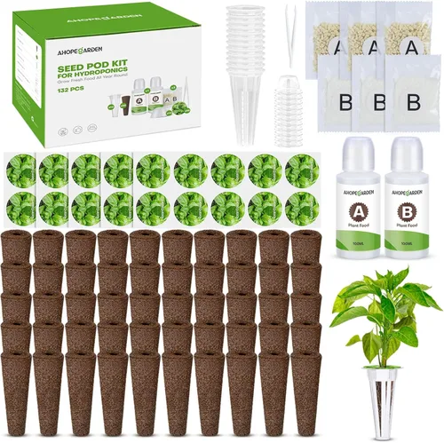 Vista 13 de Ahopegarden 166PCS Kit de cápsulas hidropónicas de hierbas: Kit de cultivo de cualquier cosa con 600ml de alimento A&B para plantas, 40 esponjas