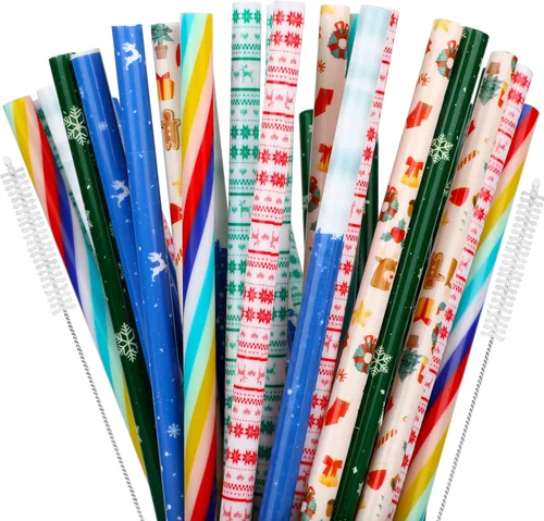Vista 7 de JANYUN 40 piezas de pajitas reutilizables sin BPA de 9" con impresión colorida, pajitas de plástico duro con rayas para tarro de masón, vaso, uso