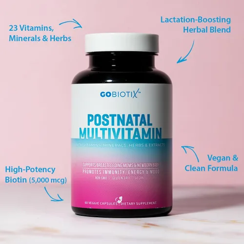 Vista 3 de GOBIOTIX Vitaminas posparto para madres lactantes, suplemento de lactancia posnatal con hierbas orgánicas, minerales, nutrientes para nuevas madres