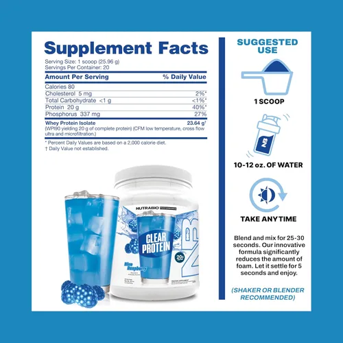 Vista 5 de NutraBio Polvo de proteína transparente, frambuesa azul, 20 porciones, 0.71 onzas de aislado de proteína de suero transparente, 0 azúcar, 0.00 oz