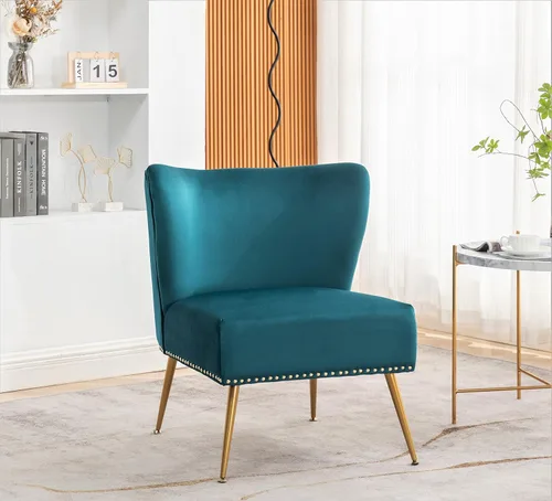 Container Furniture Direct Thia Silla decorativa de terciopelo sin brazos para sala de estar, elegante asiento con ribete de cabeza de clavo, patas