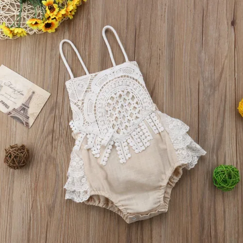 Vista 2 de Fiomva - Ropa para bebé recién nacida, mameluco con espalda descubierta, cuello halter y encaje, atuendos para niña