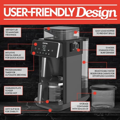 Vista 7 de [Usado] Gourmia Cafetera de 10 tazas para moler y preparar - Molinillo de rebabas integrado, 3 fuerzas de preparación, pantalla digital programable