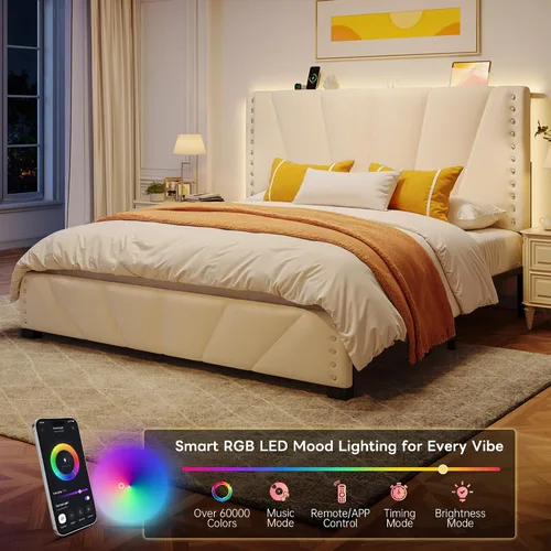 Vista 5 de EnHomee Base de cama de plataforma individual con cabecera ajustable tapizada de terciopelo, luces LED y estación de carga para dormitorio, Beige
