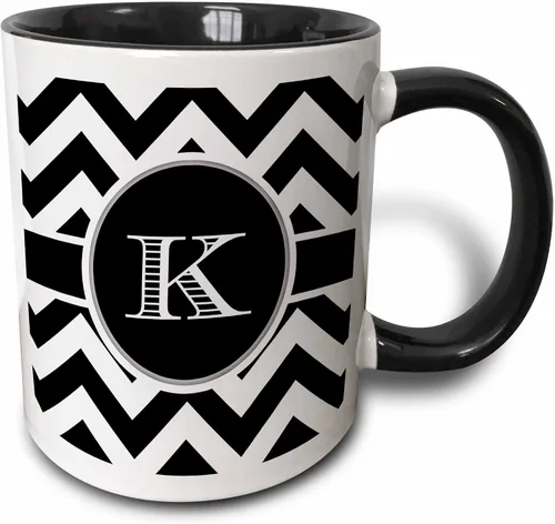 3dRose Taza de café, tamaño: 15 onzas, monograma de cheurón blanco y negro, inicial K Designs, divertido regalo de taza de café