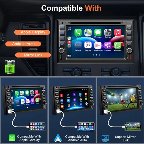 Vista 2 de Radio estéreo de coche doble DIN con reproductor de CD/DVD, control de voz Carplay y Android Auto, audio de coche de 7 pulgadas con pantalla táctil