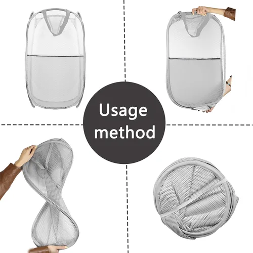 Vista 3 de Cesta de Ropa Sucia Plegable Emergente, Cesta de Ropa de Malla Plegable Extra Grande, 28" x 16" x 16", Paquete de 2 (Negro + Gris)