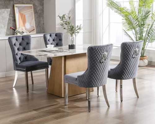 Vista 68 de KCC Juego de 2 sillas de comedor tapizadas de terciopelo, modernas sillas capitoné con botones con anillo de cabeza de león y patas de acero