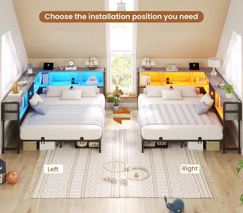 Vista 7 de Hasuit - Base de cama esquinera de tamaño matrimonial con cajones de almacenamiento y cabecera con estantería, plataforma de metal, estación