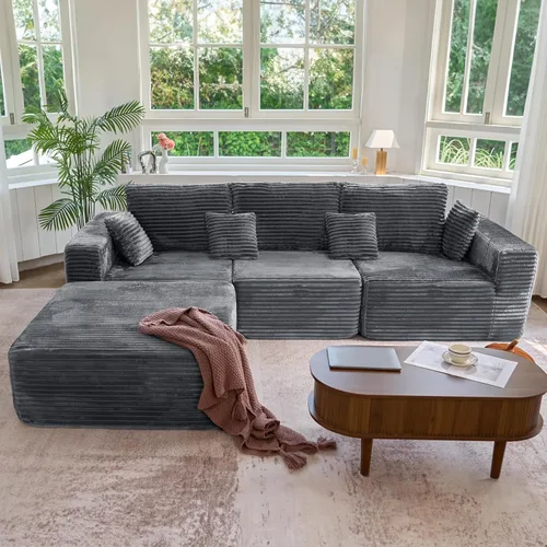 Vista 28 de Sofá cama seccional modular de 113", sofás de nube convertibles para sala de estar con otomana, juego de sofá cama de pana sin estructura de 6 Gris
