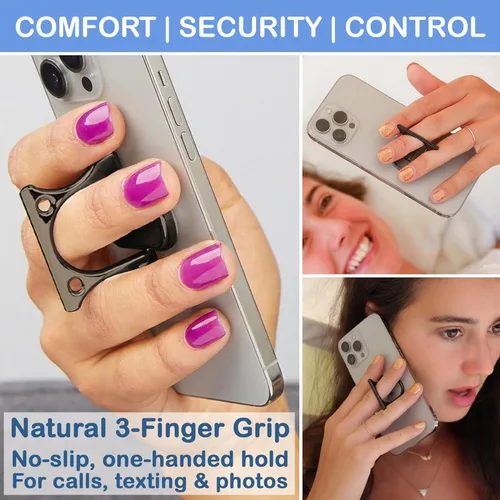 Vista 2 de Soporte de anillo para teléfono con mango de 3 dedos, cómodo y delgado, de metal duradero, ideal para soportes magnéticos de auto 4 en 1