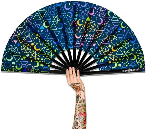 Vista 19 de Ventilador para rave con brillo UV, abanicos de mano plegables de bambú para hombres y mujeres, ventilador de botas en el suelo para decoración EDM