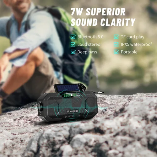 Vista 8 de Radio de emergencia Altavoz Bluetooth impermeable, radio FM portátil con linterna, lámpara de lectura, radio meteorológica NOAA con panel solar