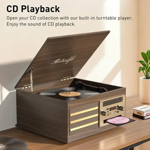 Vista 5 de Tocadiscos de vinilo 10-en-1 Centro de música con tocadiscos incorporados, altavoces integrados, soporte de 3 velocidades, entrada/salida