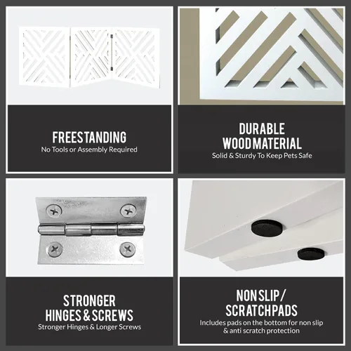 Vista 4 de Bundaloo Puerta independiente para perros, valla de madera decorativa expandible para perros pequeños a medianos, barrera para escaleras, puertas