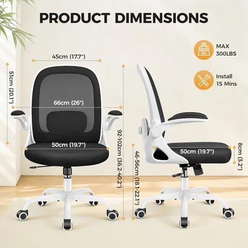 Vista 3 de Primy Silla de escritorio ergonómica con soporte lumbar 3D ajustable y altura, cómoda silla de computadora de malla con reposabrazos abatibles
