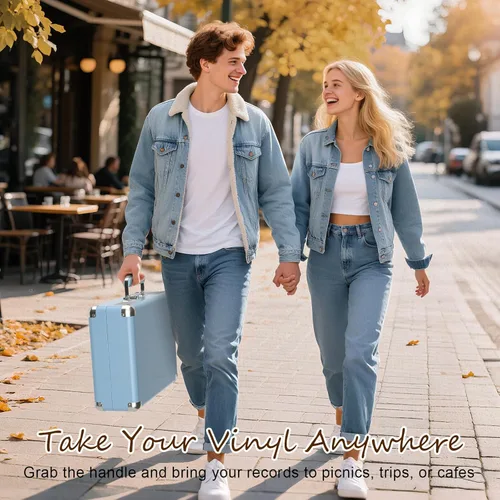 Vista 9 de VINYLS LINK Reproductor de discos de vinilo Bluetooth, tocadiscos de 3 velocidades con altavoces estéreo integrados, tocadiscos portátil de maleta