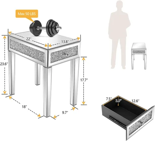 Vista 2 de VINGLI Mesa auxiliar estrecha con espejo, pequeña mesa auxiliar para sofá/sofá/cama con almacenamiento, mesita de noche de cristal delgada