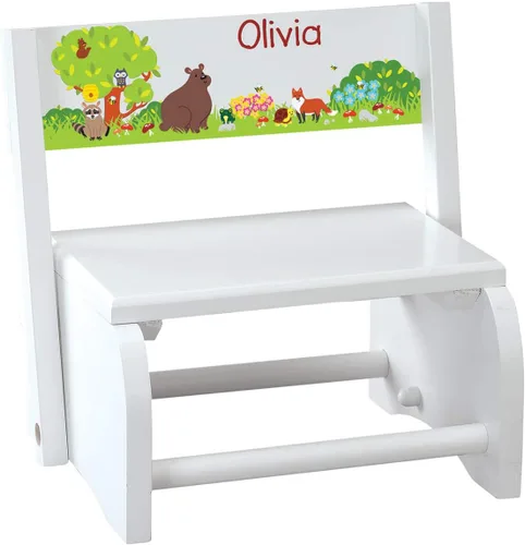 Vista 9 de Fox Valley Traders Taburete Infantil Personalizado 2 en 1 y Silla, Madera Blanca, Diseño de Mariposas y Flores con Nombre Personalizado