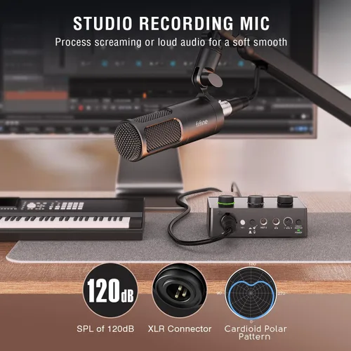 Vista 5 de FIFINE Juego de equipo de podcast, kit de grabación de música con micrófono dinámico de estudio y mezclador de audio USB con entrada de micrófono