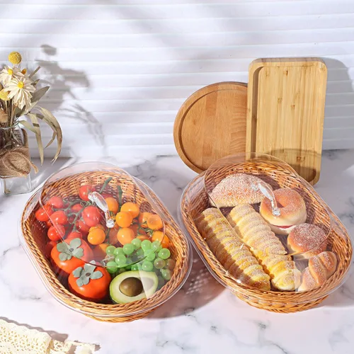 Vista 6 de Hushee Juego de 2 cestas de pan de ratán de imitación con tapa, cestas de pan de mimbre para servir cestas de frutas tejidas con cubierta, cestas